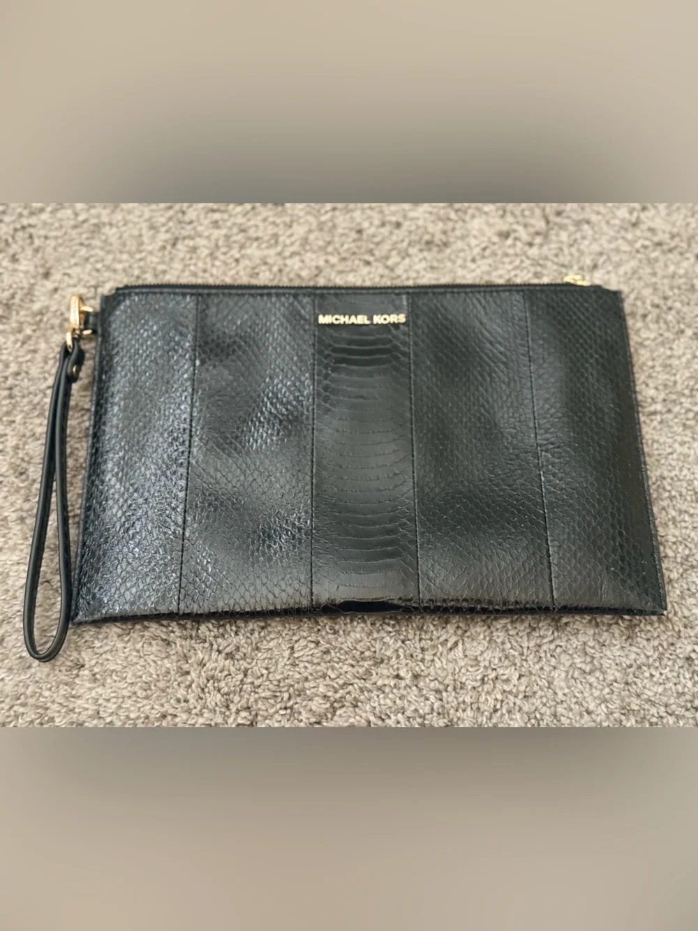 Michael Kors Black Croc Embossed Leather Wristlet Clutch with Gold Logo